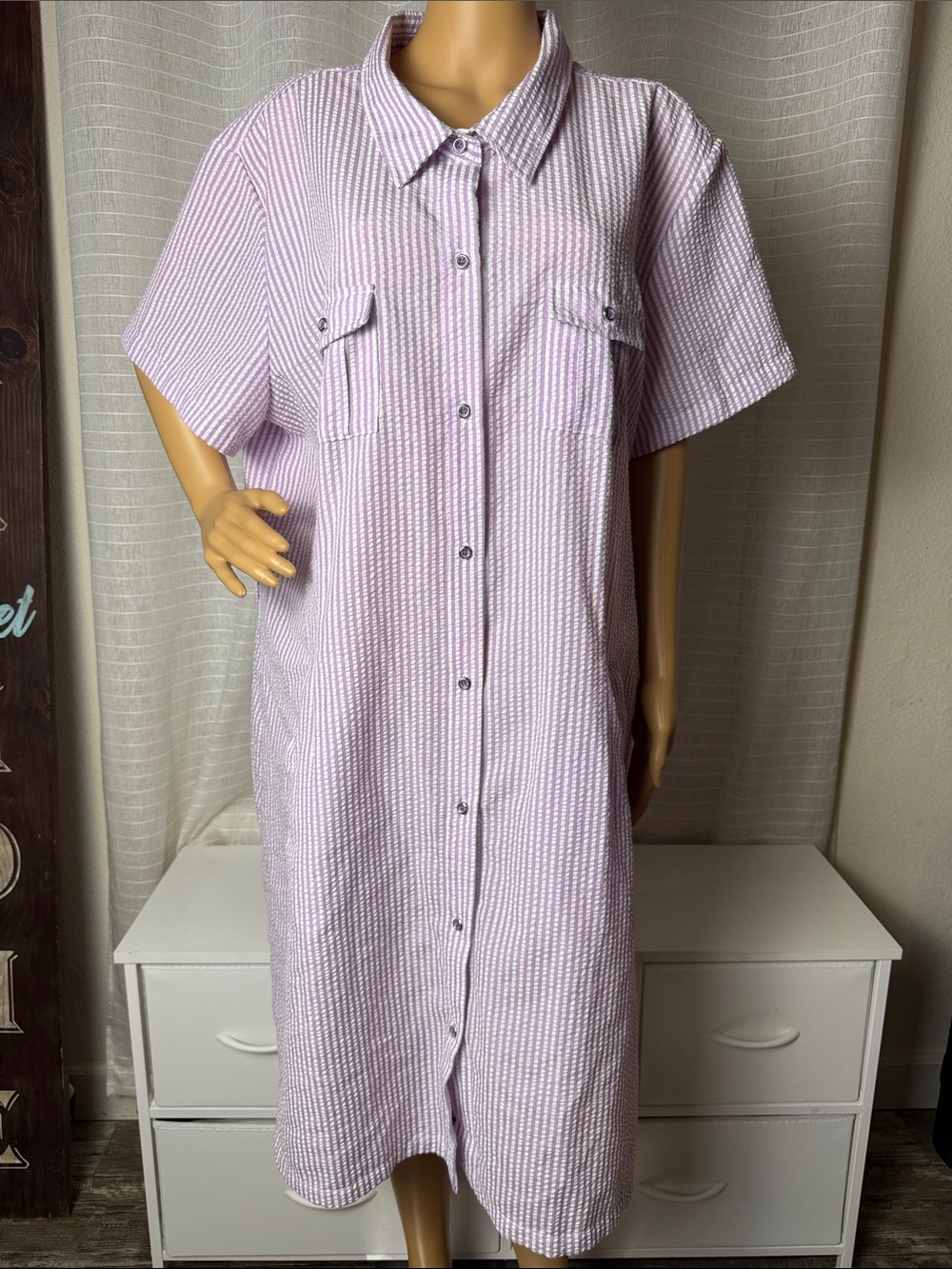 Bocabay Casual Lilac Seersucker Button-Front Midi Dress, 3XP